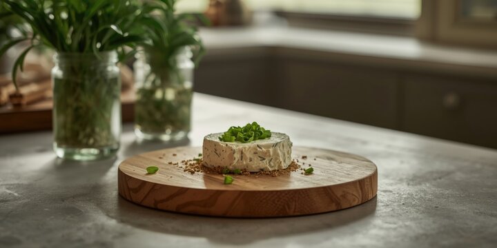 Plant based cashew cheese with herb infusion and scallion topping