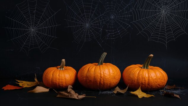 Three Orange Pumpkins with Autumn Leaves and Spider Webs on Dark Background