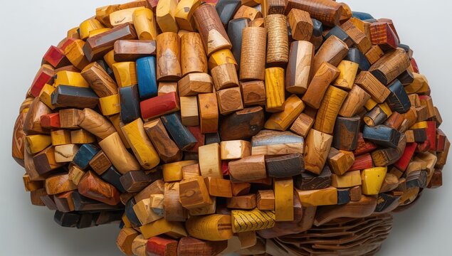 Colorful Wooden Brain Sculpture - Isolated on White, Intricate Texture, Close-Up