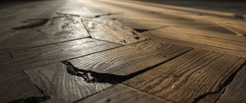 Worn wooden floorboards with cracked surfaces and shadows