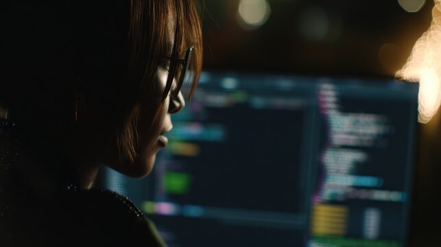 Woman working with computer coding at night screen display focus