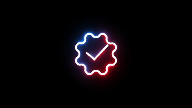 Dynamic neon verified checkmark icon motion on black background, certified approval symbol.
