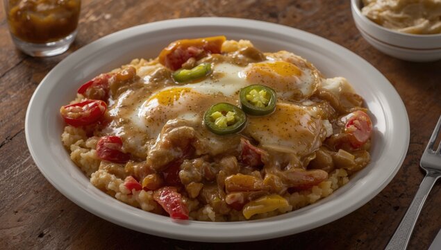 Eggs and vegetables served over creamy grits in a bowl