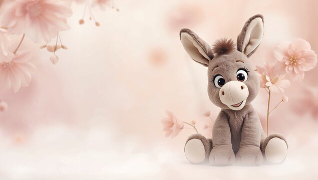 Smiling Plush Donkey Sitting Among Pink Flowers in Soft Background