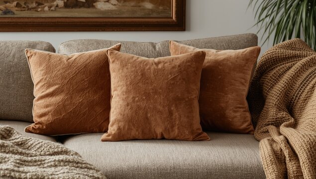 Brown velvet pillows on a stylish couch in a cozy setting