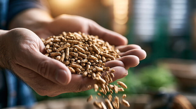 Close up of cupped hands holding a handful of golden animal feed pellets at a bright stock yard textured granules spilling between the fingers animal feed pellets hands stock