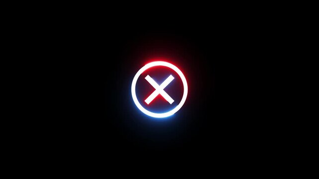 Neon glowing x sign inside circle pulsating light effect on dark black studio background.