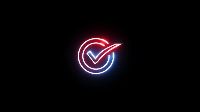 Neon check mark animation with glowing blue and red lines on black background motion footage.