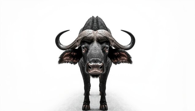 Water Buffalo Standing on White Background with Intense Expression