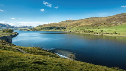 Obraz premium Lush Green Hills Surrounding a Calm Lake Under Clear Blue Sky
