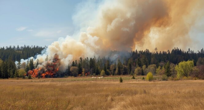 Wildfire Burning Through Forest - Open Field, Smoke Clouds, Daylight