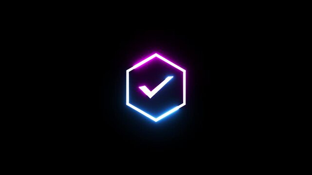 Blue and purple neon hexagon with checkmark glows on black background motion.