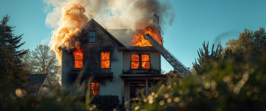 House on Fire with Flames and Smoke Billowing from Windows in Daylight