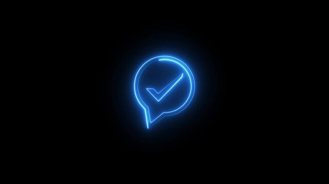 Blue neon checkmark in speech bubble animation on black background loop.