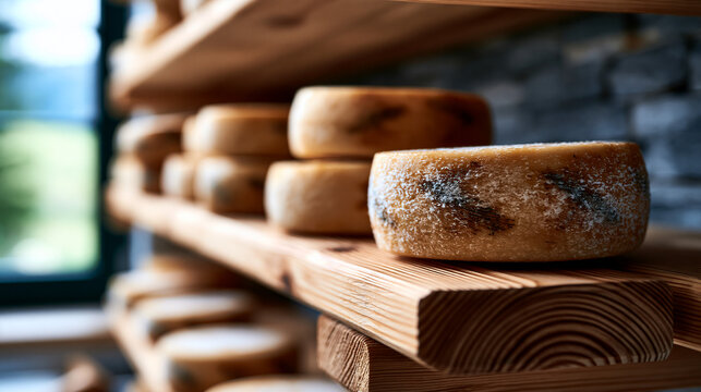 Rows of stored hard sheep cheese rounds on rustic wooden shelves in a bright ripening room natural rinds with rustic markings hard cheese wooden shelves ripening room artisan