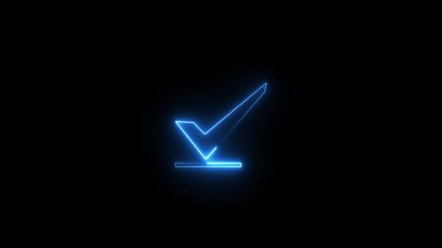 Neon check mark glowing against black background animated loop symbol for user interface.