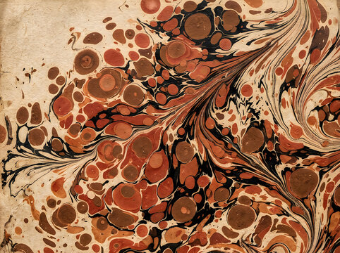 Traditional marbled paper design with swirling patterns and circular shapes in earthy tones