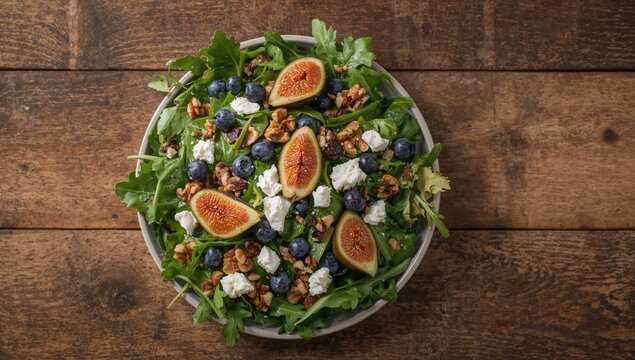 Fresh Salad with Figs and Blueberries - Top View, Rustic Wooden Background