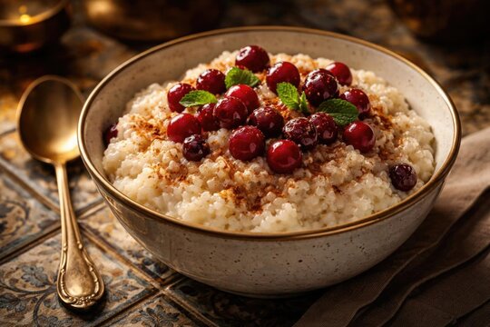 Creamy Cereal Bowl Topped with Fresh Cranberries and Mint Leaves on Rustic Table