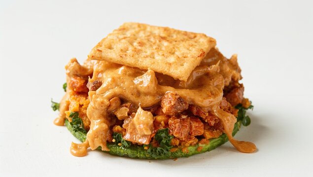 Savory Snack Stacked with Cracker on a Layer of Spicy Chicken and Greens