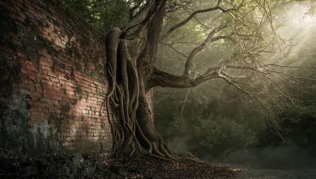 Ancient Tree Growing Against an Old Brick Wall in a Misty Forest