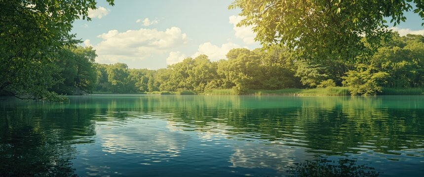 Tranquil Lake Surrounded by Lush Green Forest under Bright Blue Sky