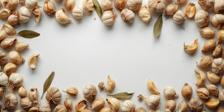 Overhead shot of garlic and bay leaves dried spices on white backdrop with copy space