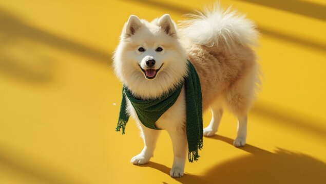 Fluffy Samoyed Dog Wearing Green Scarf - Bright Yellow Background, Cheerful Mood