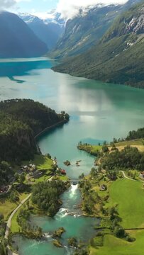 Aerial view of Lovatnet lake (loen lake) and mountain valley in Norway.