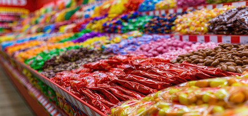 Fototapeta premium Festive sweets and chocolates showcased in a colorful store setting, enticing holiday shoppers with vibrant packaging.