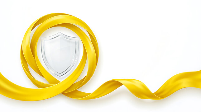 Shiny glass shield icon with a yellow swirling silk ribbon