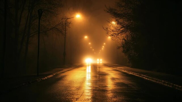 Empty road at night with glowing street lights reflecting on wet asphalt creating moody cinematic scene with deep perspective symmetry and mysterious atmosphere in urban environment after rain outside