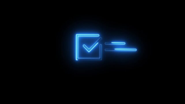 Blue neon checkbox animation glowing on black background featuring dynamic motion lighting.