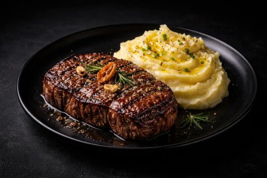 Grilled Steak with Mashed Potatoes on a Black Plate Garnished with Herbs