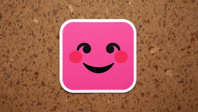 Happy Pink Emoji Sticker on Cork Background
