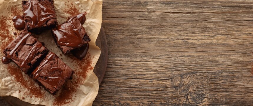 Decadent Chocolate Brownies On Rustic Wooden Surface - Top View, Warm Tones