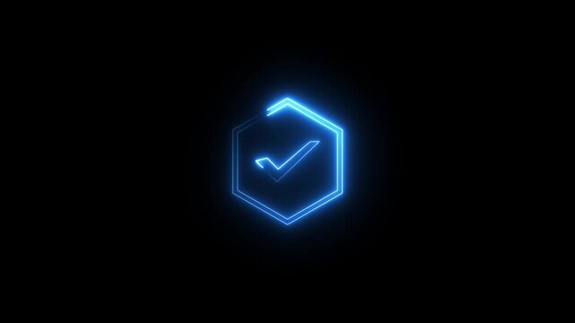 Neon blue check mark symbol glowing inside hexagon frame isolated on black background motion.