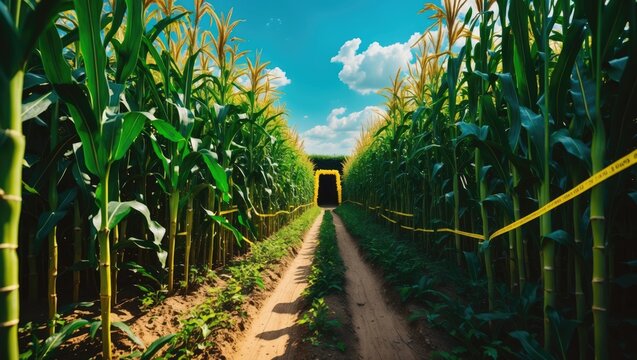 The pathway within a corn maze designed for visitors to navigate. The trail consists of dirt, and the tall, green corn stalks surround it.