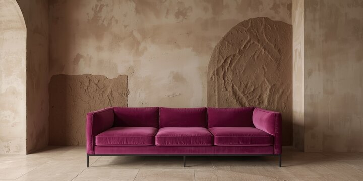 Pink velvet sofa against a textured wall interior