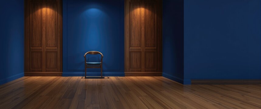 Royal blue empty room with classic wooden floorboards and wall panels