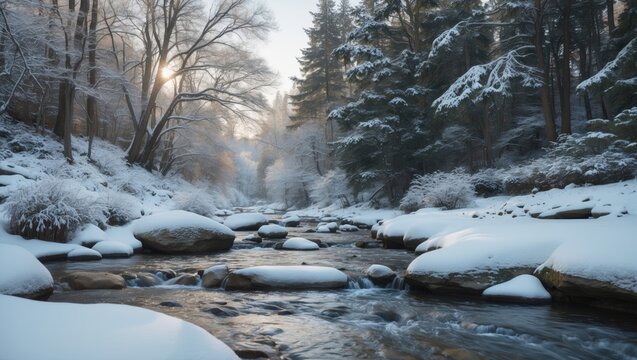 Water flowing over shale rock through a snow-covered forest