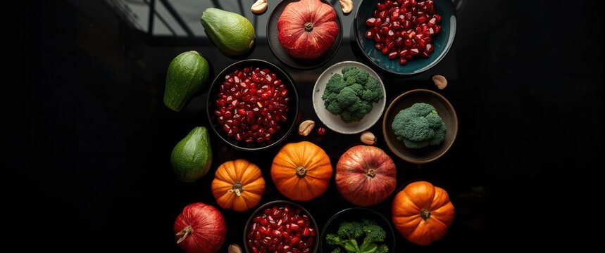 Colorful Assortment of Fresh Vegetables and Fruits in Bowls on Dark Surface
