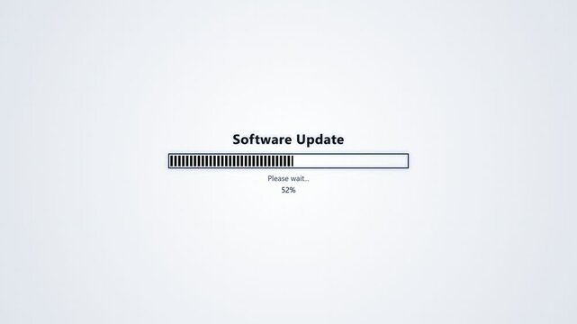 Minimal system software update loading screen, white progress bar installation animation loop