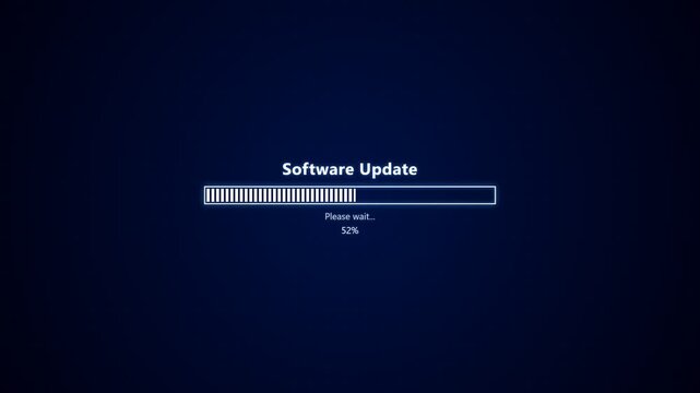 Software update loading screen dark blue background, system progress bar complete animation