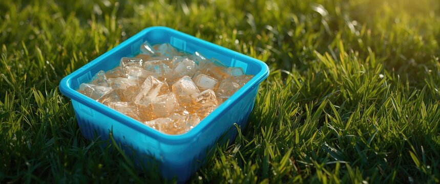 Summer cool drinks with ice cubes in a blue plastic box set on healthy green lawn