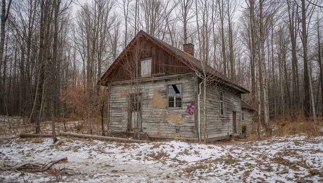 Abandoned Wooden House in Winter Forest - Snowy Ground, Overcast Sky, Desolate Atmosphere