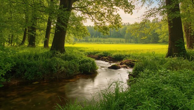 Serene Stream Flowing Through Lush Green Forest with Golden Field Background