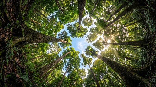 Wide Angle Fisheye Lens View of Tall Green Trees in a Forest Looking Up to the Blue Sky and Sun