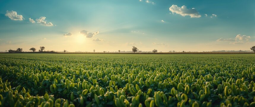 Vast Green Agricultural Field Under Sunset - Panoramic View, Warm Light, Tranquil Atmosphere