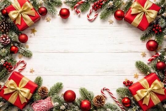 Christmas Gifts Surrounded by Evergreen Branches and Ornaments on White Wooden Background